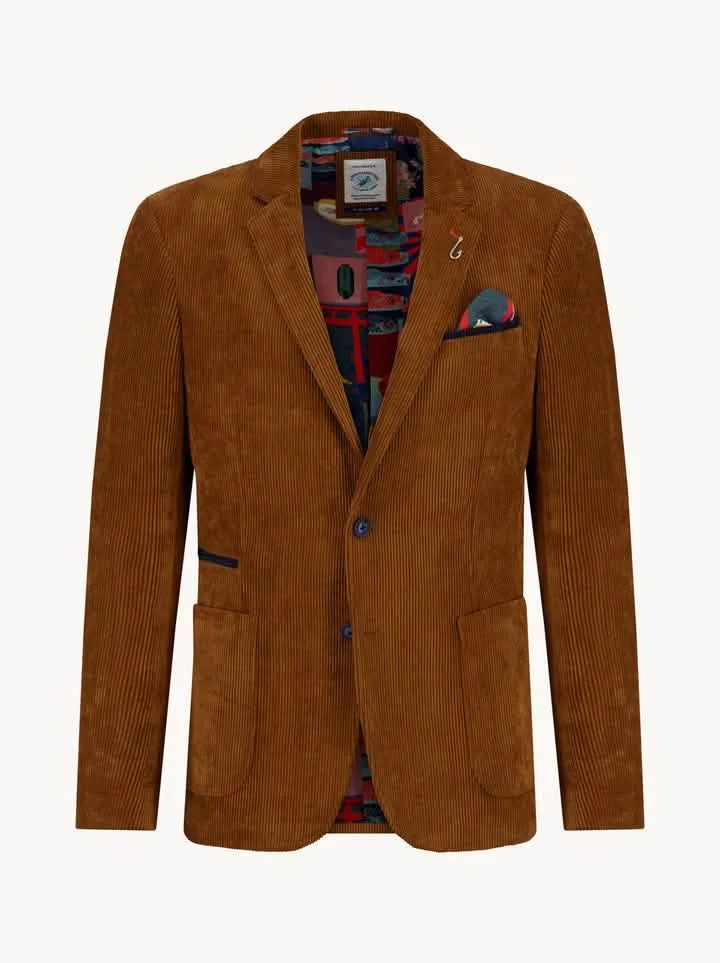 Rust-coloured corduroy blazer with patterned lining and a pocket square